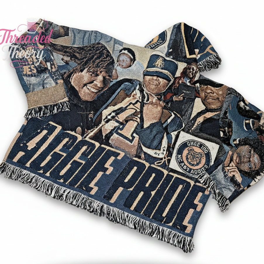 Woven blanket with images of people and text on a white background