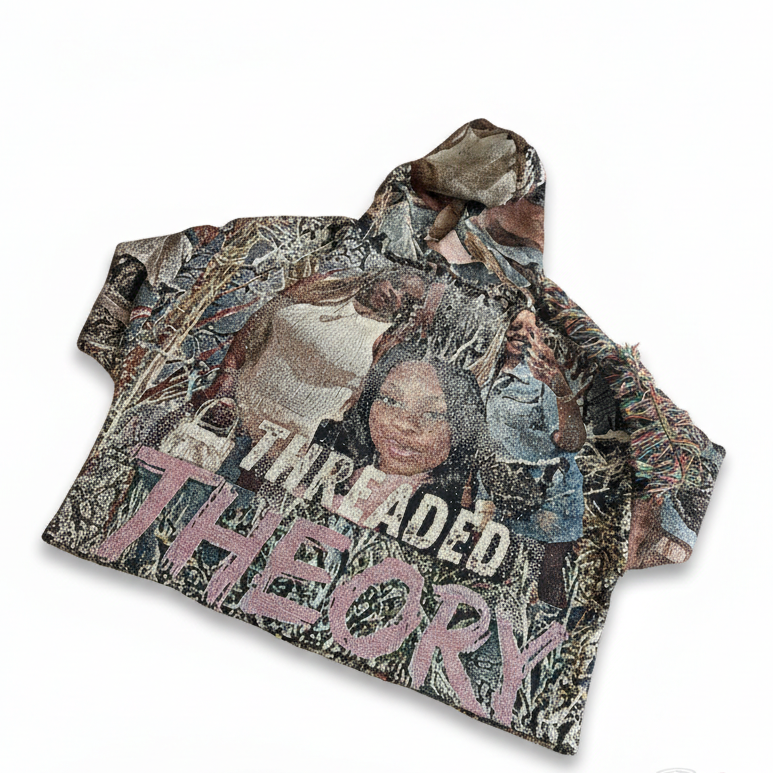 Camouflage hoodie with 'Threaded Theory' branding on a white background